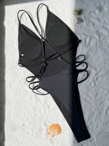 Swim SXY Ladies Solid Color Cross Strap One Piece Swimsuit Summer - Black - View 3
