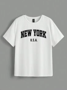SHEIN LUNE Bộ 3 áo thun nữ cổ tròn tay ngắn in chữ New York USA, phù hợp cho mùa hè - Nhiều màu - Xem 4