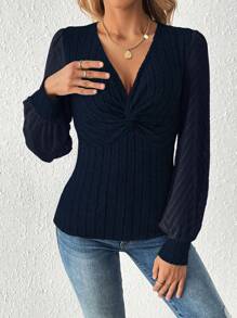 Chiquease Women V-Neck Ribbed Twisted Slit Hem Solid Color Long Sleeve Top - Royal Blue - View 5
