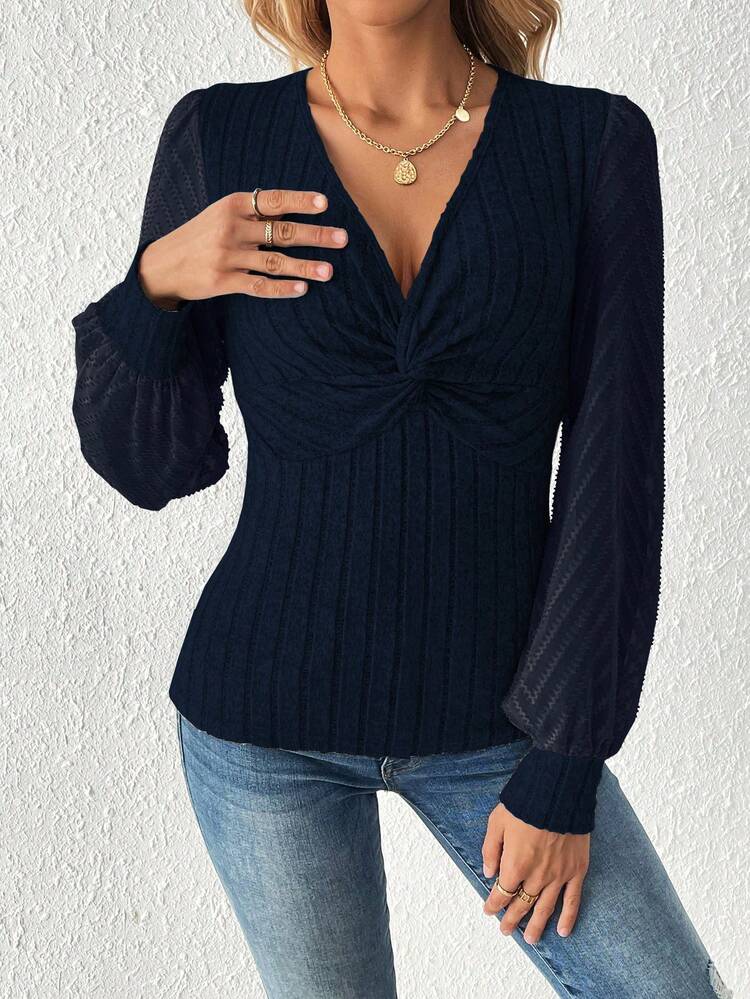 Women V-Neck Ribbed Twisted Slit Hem Solid Color Long Sleeve Top