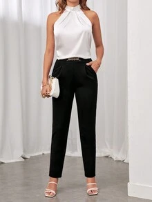 SHEIN Tall Pantaloni neri aderenti per donne con dettaglio a catena e tasche crociate - nero - Visualizzare 5