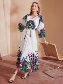MOTF PREMIUM TROPICAL PRINT V-NECK BELTED DRESS