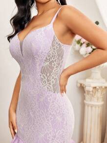 SHEIN Belle Elegante vestido ajustado con diseño de Body de sirena en estilo princesa con copa de pecho con tirantes spaghetti de tela de organza de encaje púrpura y ribetes de volantes de triple capa en el dobladillo y tirantes spaghetti para ocasiones formales de noche adecuado para ropa para padres e hijos para actividades de padres e hijos temporada de bodas temporada de graduación Día de la Madre festival de música fiesta formal de damas vestido de noche prom