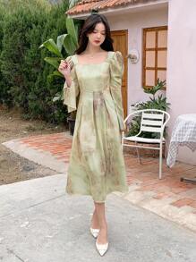 DAZY Ink Wash Smudge Effect Waisted Short Sleeve Midi Dress,Fall Dress Long Sleeve Dress - Cadet Blue - View 3