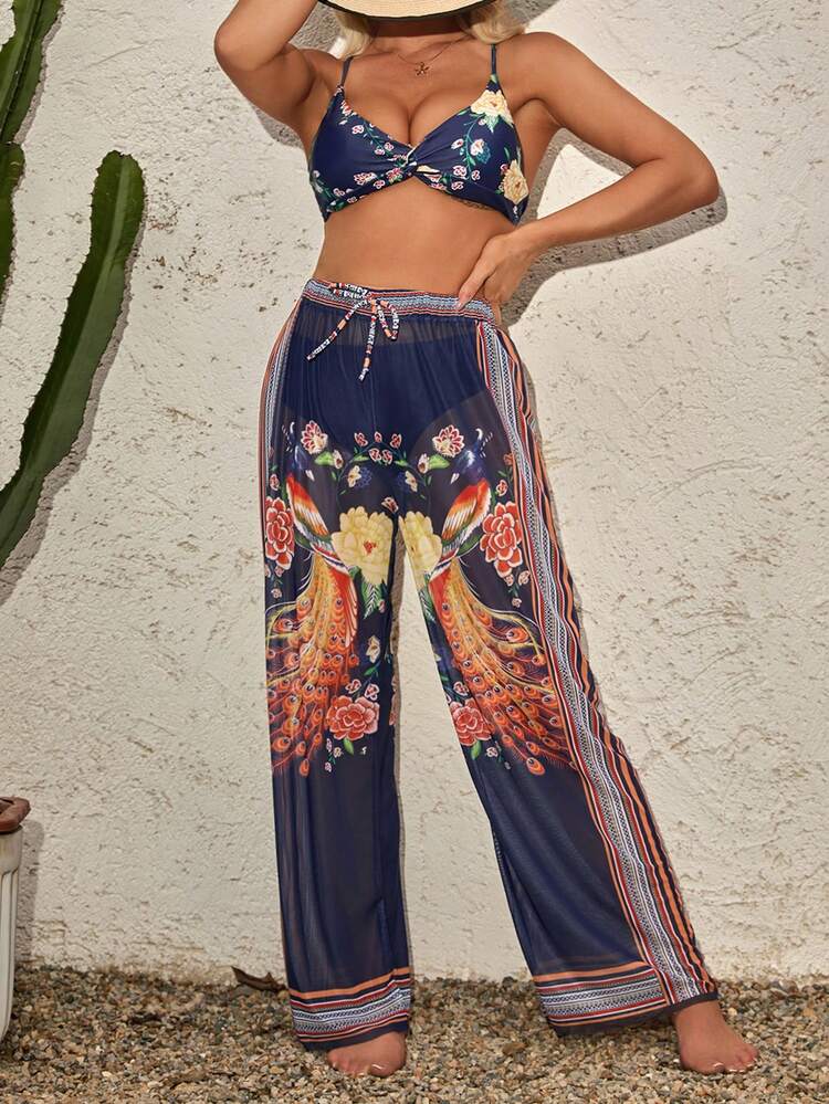 Women Floral Print Halter Neck Bikini Set, Matched With Beach Cover-Up Pants Summer