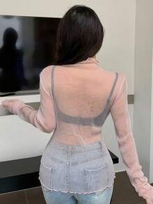 DAZY 閃爍透視網紗立領長袖上衣，適用於春夏 - 粉色 - 查看 2