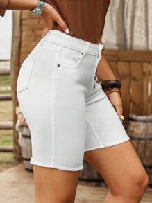 SHEIN LUNE Women Solid Color Button Fly Raw Hem Skinny Denim Shorts Western Cowboy Woman Attire - White - View 5