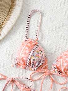 SHEIN Swim 夏日海滩印花随意后背系带细肩带比基尼套装 - 橘色 - 查看 3