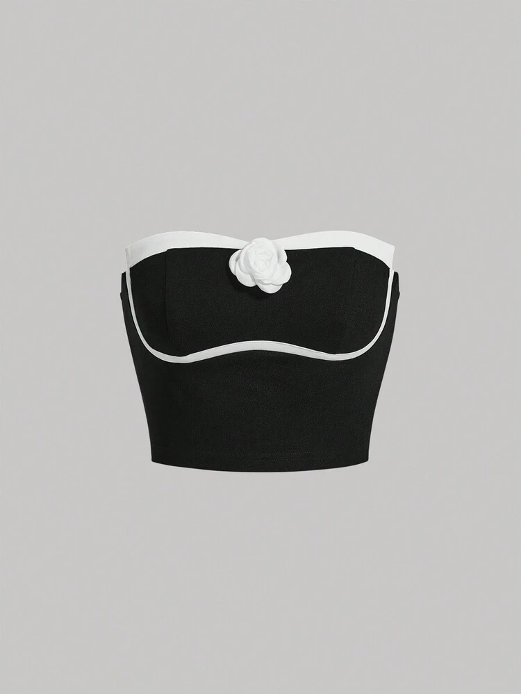 Women Fashion Summer Black And White 3D Floral Strapless Colorblock Top