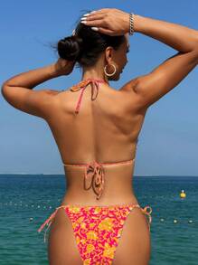 SHEIN Swim 女士夏日沙灘花卉印花綁頸比基尼套裝，適用於沙灘度假，花型隨機 - 橘色 - 查看 2