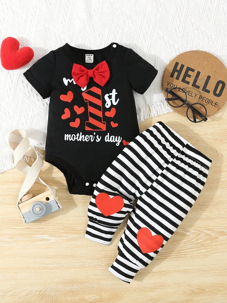 Baby Boy 2pcs/Set Tween Boy Casual Letter Print Round Neck Bodysuit With Striped Heart Pattern Long Pants