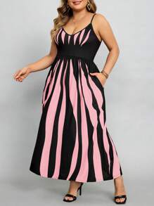 SHEIN Lady Plus Size Women Summer Fashion Pionowe Paski i Kwiatowy Nadruk Sukienka Spaghetti Strap