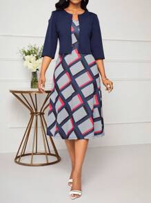 SHEIN Lady Women Full-Print Cinching Waist Dress And Open Front Jacket Two-Piece Set - Multicolor - View 6