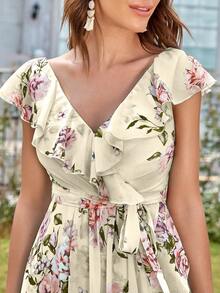 Asymmetrical Hem Printed Formal Dress With Lace Neckline - Yellow - View 3
