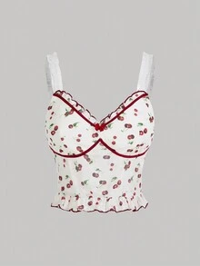 SHEIN MOD Cherry Mesh Printed Camisole Top And Red Pleated Skirt Set - Multicolor - View 3