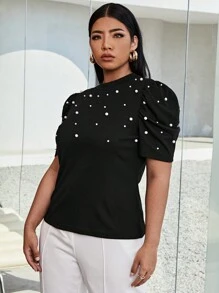 SHEIN Privé Top con cuenta con perla - Negro - Ver 3