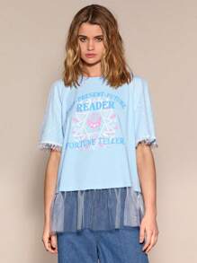 SHEINNeu Women Summer Short Sleeve Casual T-Shirt With Letter Moon Print And Round Neck