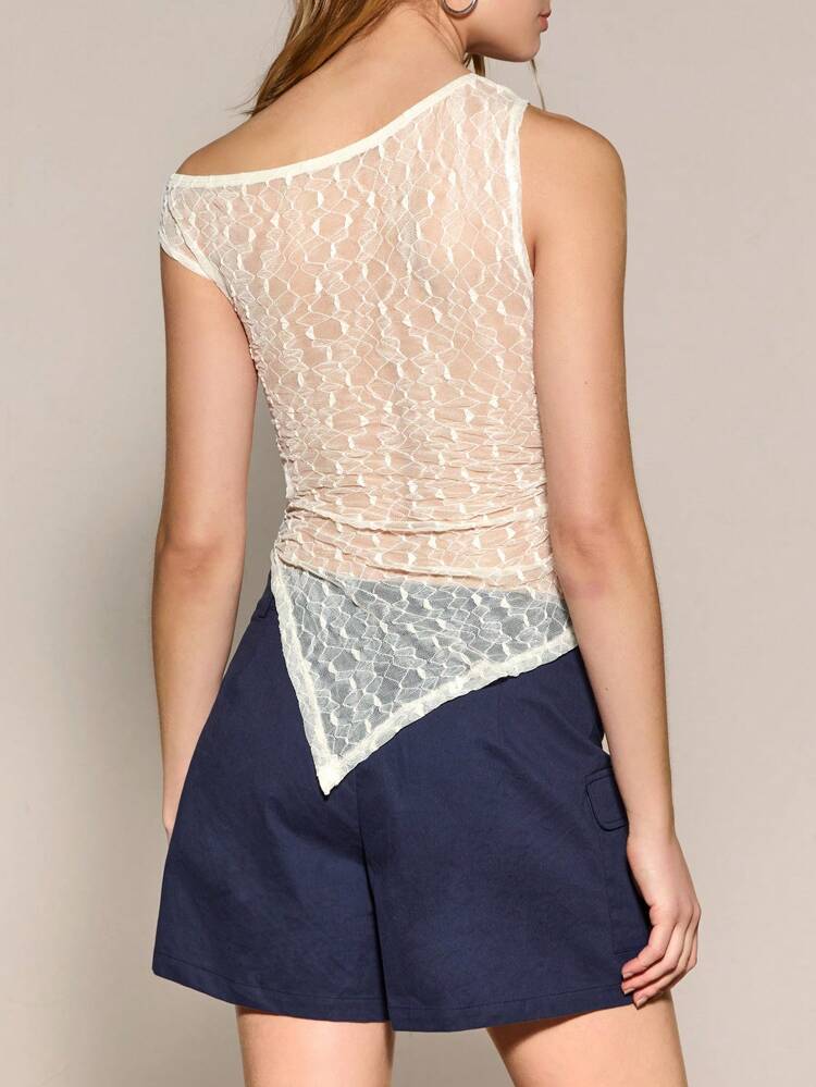 Summer Sleeveless Top With Asymmetrical Sheer Hemline And Pleats