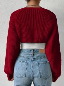 SHEIN EZwear Women Short Knitted Cardigan, Versatile And Simple, Open-Front Design,Long Sleeve Tops In Fall/Winter - Red - View 2
