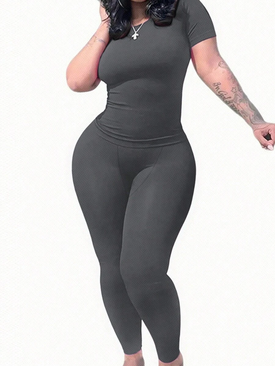 Slaydiva Women Solid Color Simple Plus Size Tight Fit Two-Piece Set ...