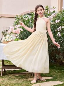 SHEIN Tween Girls Chiffon Halter Neck Flower Printed Wedding Season Long Dress - Champagne - View 1