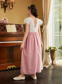 SHEIN Vestido de Chiffon com Renda Para Menina Pré-Adolescente Para a Temporada de Casamentos Como Vestido de Dama de Honra