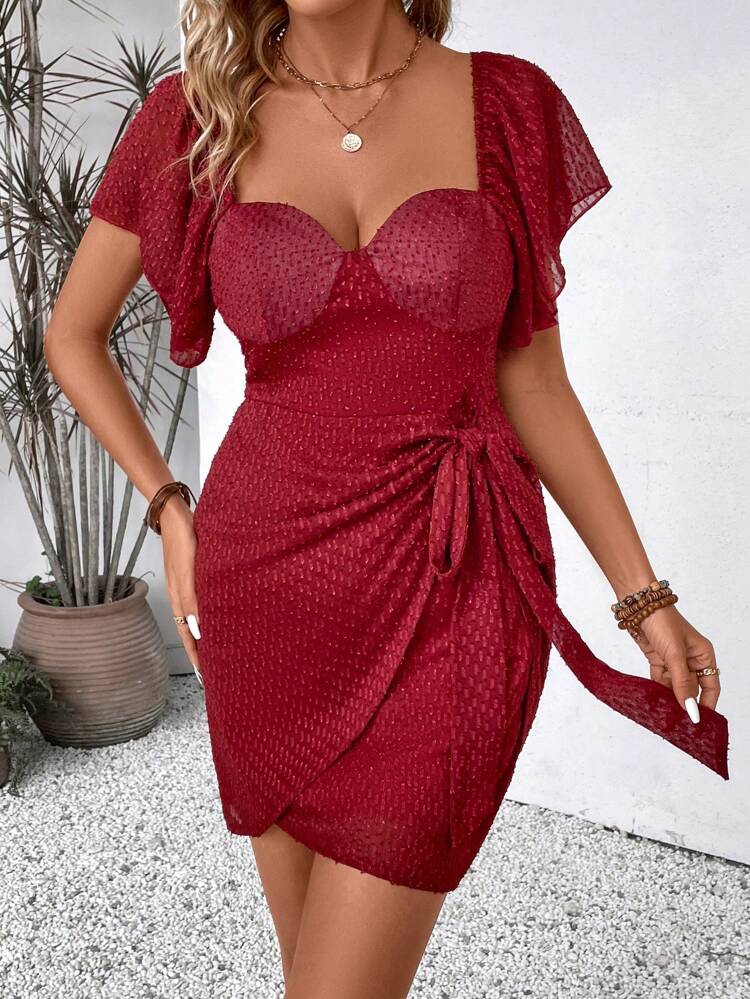 Summer Holiday Plain Textured Dress With Sweetheart Neck And Wrap Tie