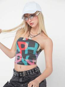 SHEIN EZwear 時尚街頭風格網眼和印花胸衣上衣，帶字樣式，適合春夏裝 - 黑色 - 查看 1