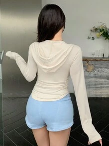 DAZY Sudadera con capucha con cordón, cierre con cremallera, bolsillo canguro y ajuste ceñido en la cintura para mujer, tops de manga larga