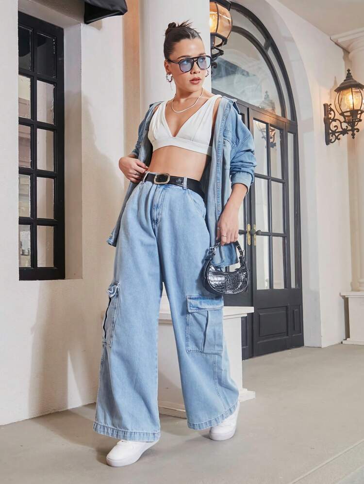 SHEIN CALÇA JEANS BAGGY BOLSOS LATERAIS - Light Wash - View 5