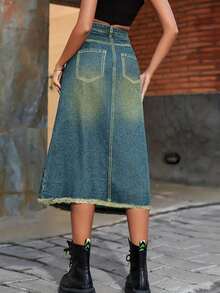 Falda vaquera con botones y abertura en la parte delantera - Azul lavado oscuro - Ver 2