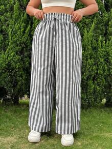 SHEIN EZwear 女性大尺寸亞麻紋理直條紋寬腿褲，適合夏季涼爽穿著 - 黑與白 - 查看 5