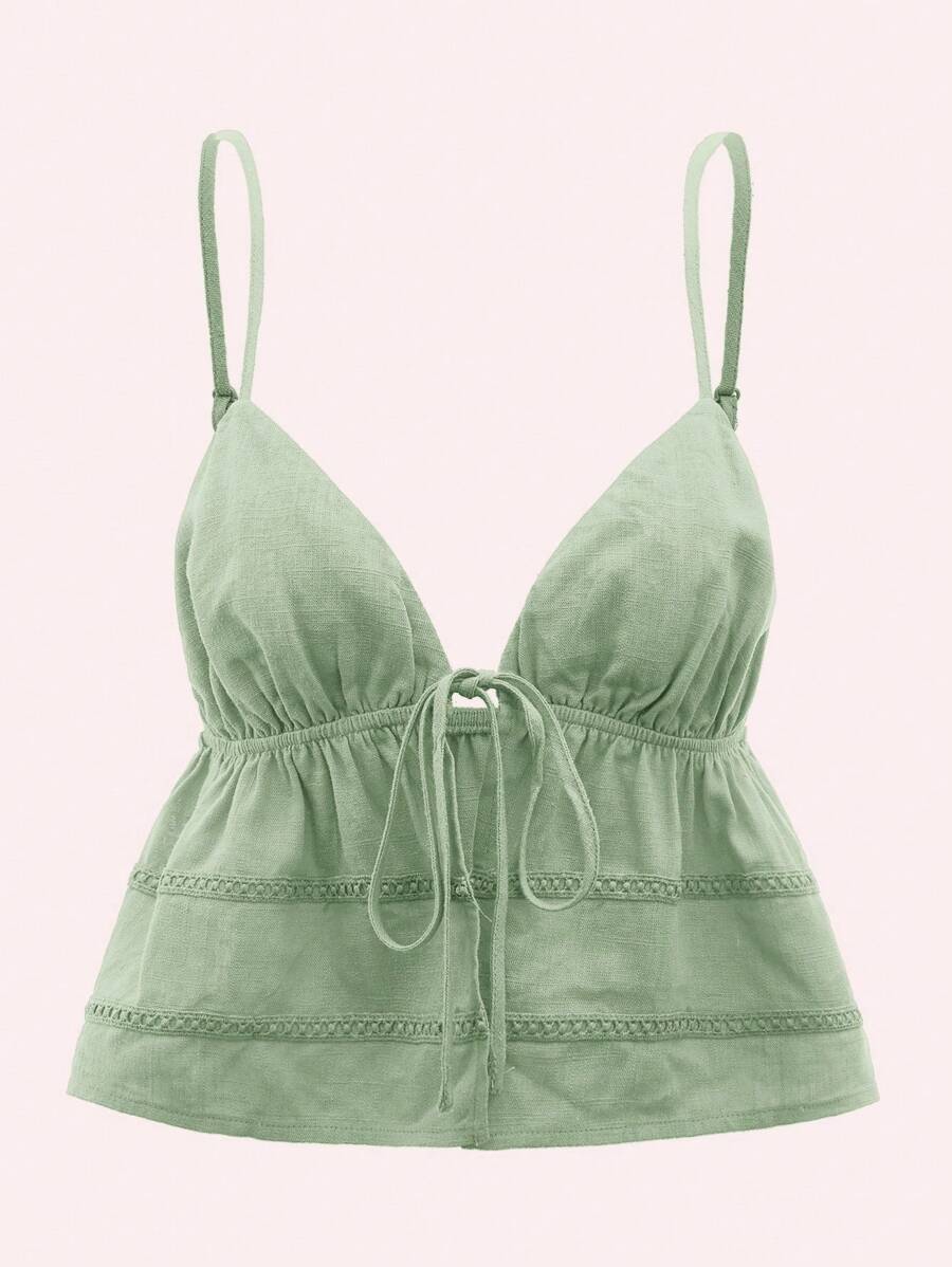 SHEIN ICON 女性夏季純色緞帶肩帶雪紡上衣 - 薄荷綠 - 查看 1