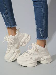 Women Leather Black And White Color Block Lace-Up Sport Shoes With Thick And Comfortable Sole, Decorated With Mesh And Tennis Shoelace, New Style 2024
