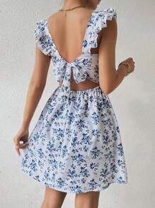 Breezaya Rochie cu mâneci tip șapcă cu imprimeu aleatoriu în stil boho pentru ținută de vacanță, vacanță, pe plajă