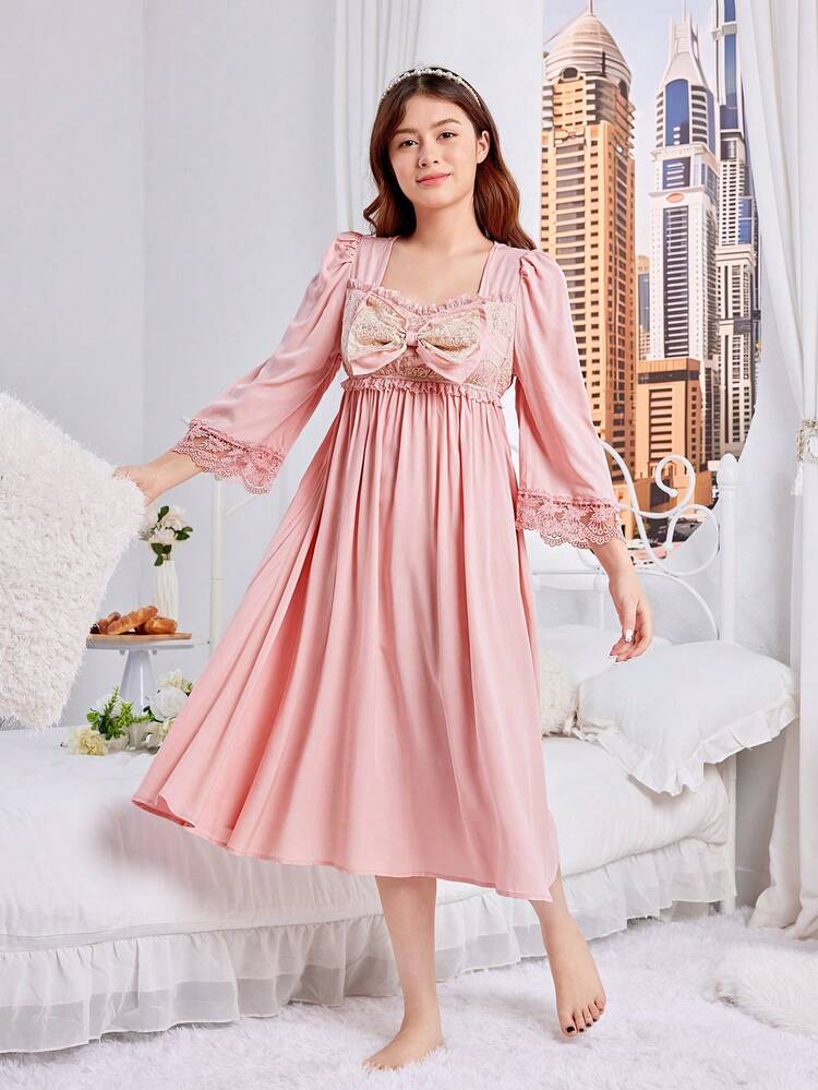 Teen Girl Elegant And Graceful Bow Detail Knot Lace Hem Decorated Wedding/Prom/Home Dress With Sibling Outfits Matching Outfits (2 Sets Sold Separately)