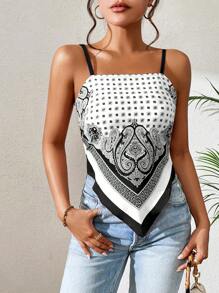 Chiquease Positioning Printed Asymmetrical Hemline Tie Back Sleeveless Top For Summer - Black - View 3