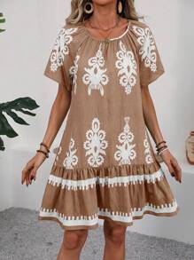 SHEIN LUNE Women's Printed Ruffle Hem Shift Dress, Summer - Multicolor - View 6