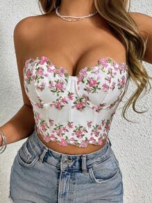 Zolique 夏季休閒度假花卉刺繡短款無肩帶上衣 - 彩色 - 查看 5