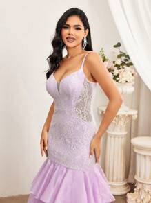 SHEIN Belle Elegante vestido ajustado con diseño de Body de sirena en estilo princesa con copa de pecho con tirantes spaghetti de tela de organza de encaje púrpura y ribetes de volantes de triple capa en el dobladillo y tirantes spaghetti para ocasiones formales de noche adecuado para ropa para padres e hijos para actividades de padres e hijos temporada de bodas temporada de graduación Día de la Madre festival de música fiesta formal de damas vestido de noche prom