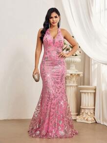 SHEIN Belle 優雅露背高跟領口吊帶長禮服，時尚長尾美人裝晚禮服