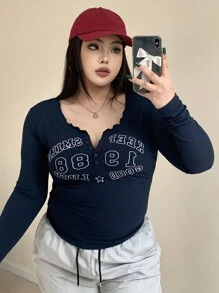 Dazy Petite Plus Plus Size Long Sleeve Jersey T-Shirt,Graphic Tees - Navy Blue - View 7