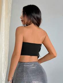 Allurite 女款純色中空圓形短肚兜，性感無肩帶夏季上衣 - 黑色 - 查看 2