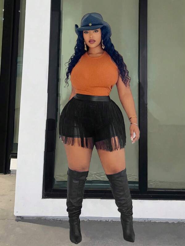 Slaydiva Pantaloni scurți elastici tricotați negru din PU pentru festival de muzică de vară de mărime Plus