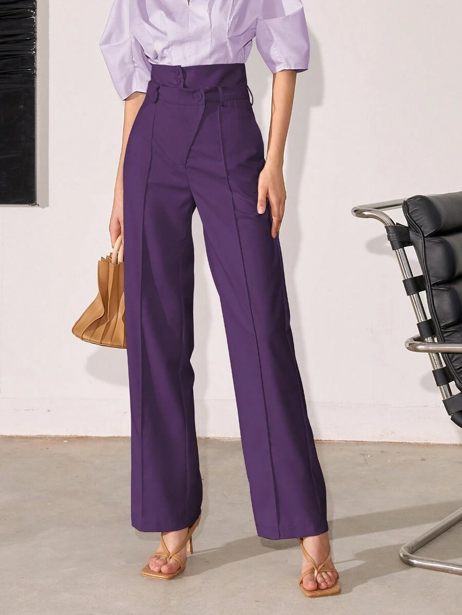 Women High Waist Straight Leg Casual/Business Trouser Pants, Solid Color, Spring/Summer - Purple - View 1