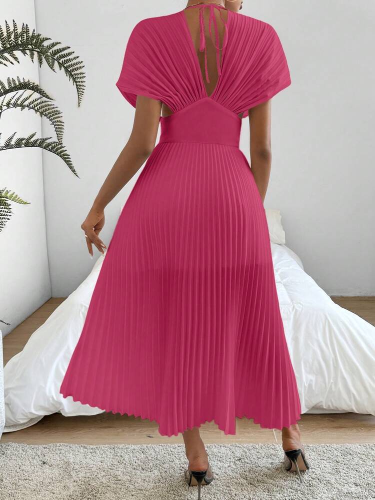 Summer Casual Deep V-Neck Pleated Waist Dress