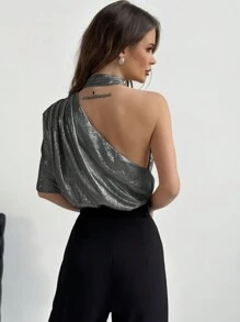 SHEIN Privé 女性時尚一字肩荷葉邊袖襯衫 - 灰色 - 查看 2