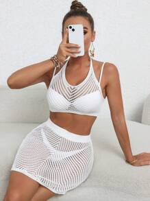 SHEIN Swim Women Beach Hollow Out Cover-Up Halter Tank Top And Skirt Set Summer