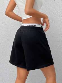SHEIN EZwear Mùa hè Tùy chỉnh Lá thư In Đàn hồi Dây rút Giải trí Quần short - màu đen - Xem 3