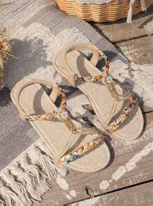 WRCVS 女士夏季平底凉鞋 编织平底凉鞋 轻便防滑沙滩鞋 随机印花波西米亚风度假凉鞋 情人节波西米亚风 - 米色 - 查看 6